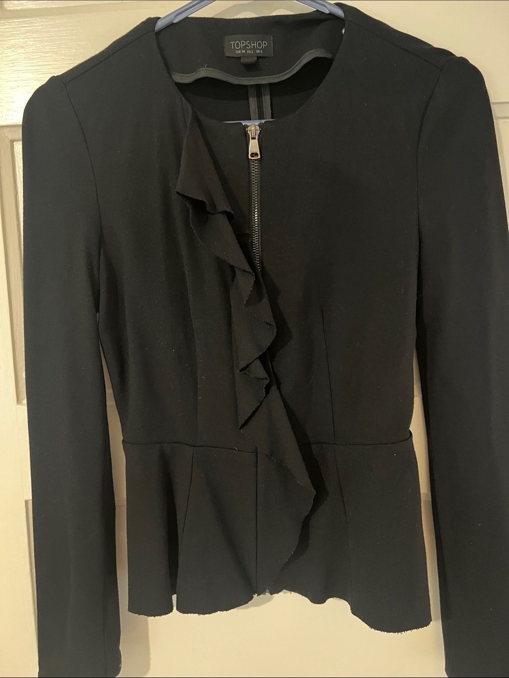 Topshop Black Ruffle-Front Zip Blazer